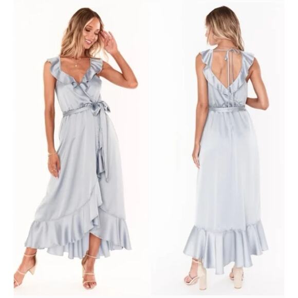 Show Me Your Mumu NEW Samantha Ruffle Wrap Dress Silver Luxe Bridesmaid Medium